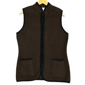 Vintage Knitting Needles Brown 100% Wool Vest Black Fabric Buttons & Trim Large